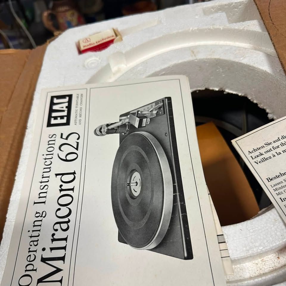 Vintage ELAC Miracord 625 turntable manual and Audio-Technica cartridge in original packaging